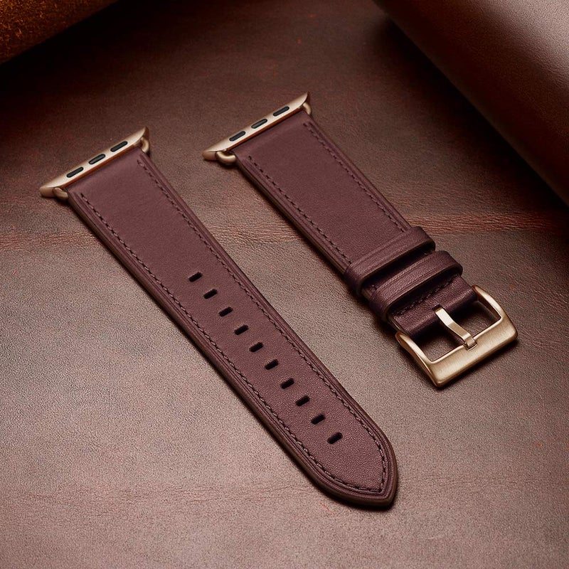 OUHENG Leather Bands Compatible with Apple Watch Band 49mm/46mm/45mm/44mm/42mm, Genuine Leather Strap for iWatch Series 11/10/9/8/7/6/5/4/3/2/1 & Ultra 3/2/1 & SE3 SE2 SE, Wine Red/Rose Gold - Image 5